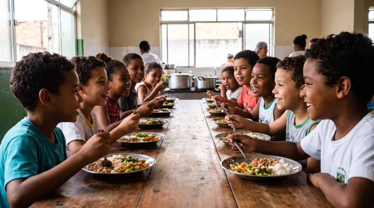 Crianças almoçando na cozinha solidária