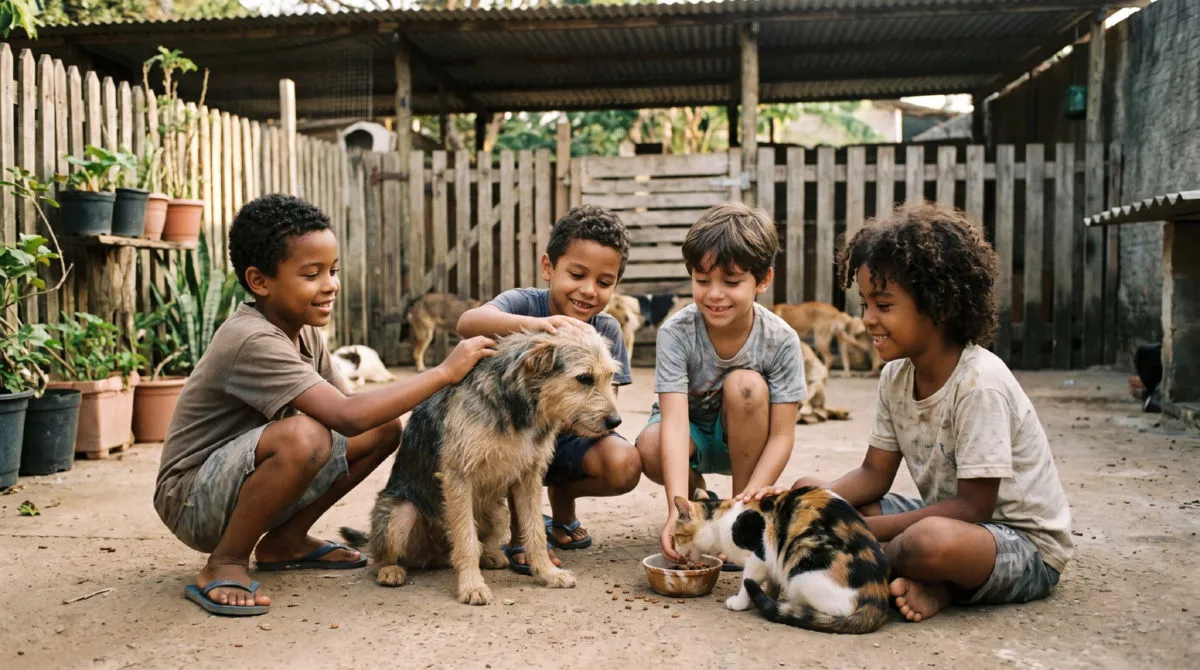 Crianças cuidando de animais resgatados