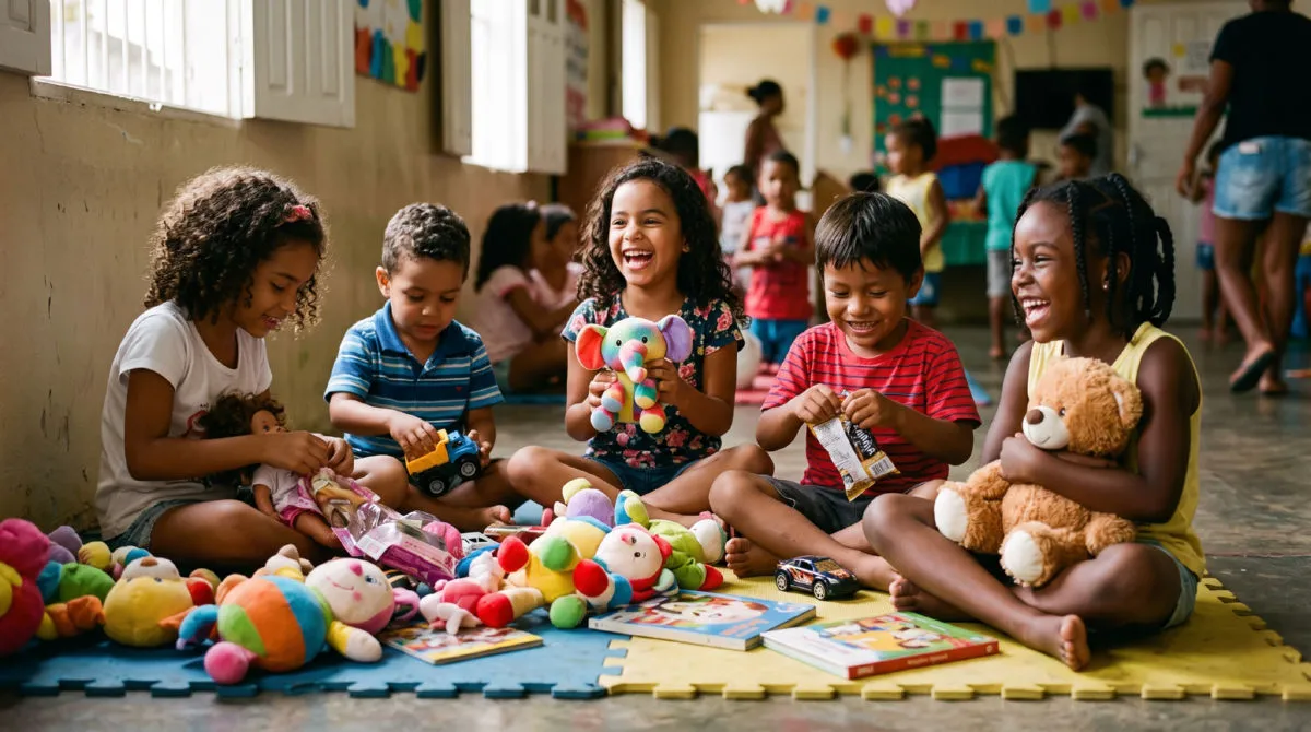 Crianças recebendo brinquedos doados