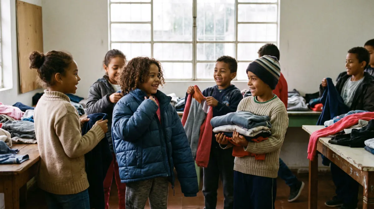 Crianças recebendo roupas doadas
